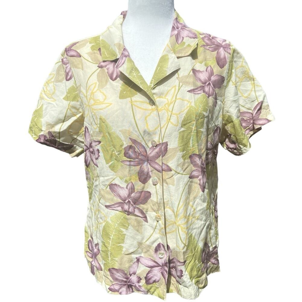 Tommy Bahama Linen Silk Blend‎ Floral Collared Button Down Blouse Women’s Large